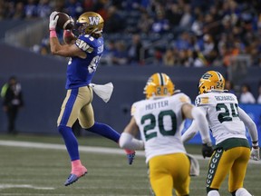 Winnipeg Blue Bombers' Dalton Schoen (83) catches a pass as Edmonton Elks' Scott Hutter (20) and Jeff Richards (24) defend during first half CFL action in Winnipeg Saturday, October 8, 2022. Schoen, quarterback Trevor Harris and defensive back Richard Leonard were named the CFL's top performers for the month of October on Wednesday.