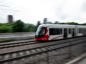 An Ottawa Light Rail Transit (LRT) train pulls into uOttawa Station in Ottawa, Ont., on Sunday, July 24, 2022.&ampnbsp;