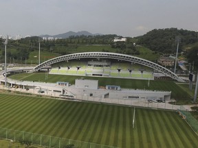 The Namdong Asiad Rugby Field is seen in Incheon, South Korea, on Aug. 11, 2014. A song passionately embraced by Hong Kong pro-democracy protesters three years ago was mistakenly played as China's national anthem at a rugby tournament in South Korea, sparking strong opposition from the city's government on Monday, Nov, 14, 2022.