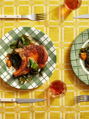 Skillet pork chops with vinegar and honey collards from Colu Cooks: Easy Fancy Food