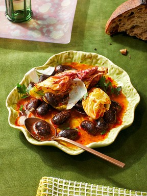 Soupy beans with 'nduja and torn radicchio from Colu Cooks: Easy Fancy Food