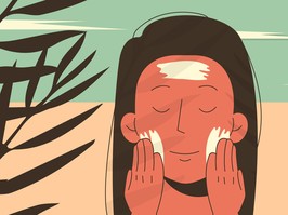 Woman applying sunscreen to skin. Sun protection. Vector flat illustration.