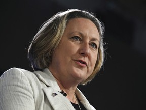 British Minister of State for Indo-Pacific Anne-Marie Trevelyan speaks at the National Press Club in Canberra, Monday, Nov. 28, 2022. Australia's shift to nuclear-powered submarines would assure its South Pacific neighbors of the nation's commitment to regional security Trevelyan says.