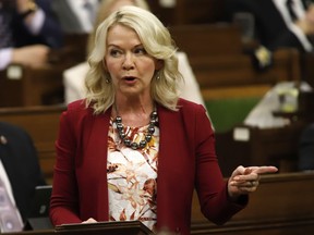 Candice Bergen rises during Question Period in the House of Commons on Parliament Hill in Ottawa on Tuesday, June 21, 2022. Notes of a call between Prime Minister Justin Trudeau and the former interim Conservative leader sheds more light on a discussion they had about reaching out to "Freedom Convoy" protesters.