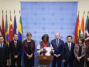 United States Ambassador to the United Nations Linda Thomas-Greenfield, center, makes a statement on behalf of other member states regarding North Korea after a Security Council meeting at U.N. headquarters, Monday, Nov. 21, 2022. The meeting was called to discuss recent North Korean missile launches. North Korean leader Kim Jong Un says the test of a newly developed intercontinental ballistic missile confirmed that he has another "reliable and maximum-capacity" weapon to contain any outside threats.