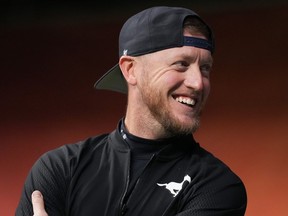 Calgary Stampeders quarterback Bo Levi Mitchell laughs before the CFL western semi-final football game against the B.C. Lions, in Vancouver, B.C., Sunday, Nov. 6, 2022.&ampnbsp;The Hamilton Tiger-Cats will have first crack at giving quarterback Bo Levi Mitchell a new CFL home.