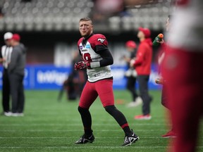Calgary Stampeders quarterback Bo Levi Mitchell warms up before the CFL western semi-final football game against the B.C. Lions in Vancouver on Sunday, November 6, 2022.