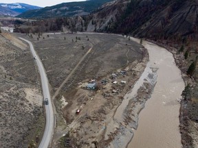 A property affected by November flooding of the Nicola River is seen along Highway 8 on Shackan Indian Band land, northwest of Merritt, B.C., on Thursday, March 24, 2022. The highway that saw some of the most complex destruction during catastrophic flooding in B.C. last year has reopened to the public.