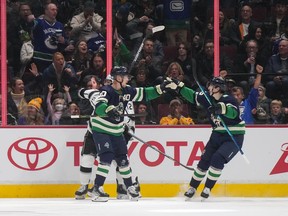 Vancouver Canucks' Elias Pettersson, left, of Sweden, and Ilya Mikheyev, of Russia, celebrate Pettersson's goal against the Los Angeles Kings during the second period of an NHL hockey game in Vancouver, on Friday, November 18, 2022.
