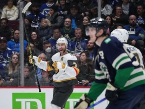 Vegas Golden Knights' Alex Pietrangelo (7) celebrates his goal against the Vancouver Canucks during third period NHL hockey action in Vancouver, B.C., Monday, Nov. 21, 2022.