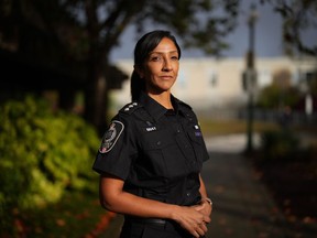 Surrey Police Insp. Novi Jette poses for a photograph in Surrey, B.C., Monday, Oct. 31, 2022. The future of the Surrey force is in question with a new majority on city council promised to halt the replacement of RCMP -- and Jette says it could also mean the end of policing for her.