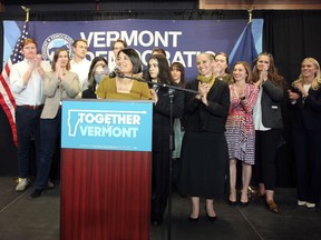 Democrat Becca Balint gives a victory speech on election night, Tuesday, Nov. 8, 2022, in Burlington, Vt., after being elected Vermont's first woman and first openly gay person to represent Vermont in Congress.