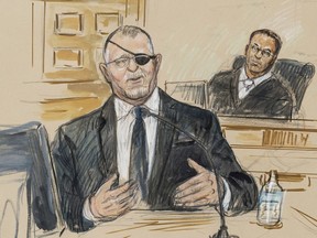 This artist sketch depicts the trial of Oath Keepers leader Stewart Rhodes, left, as he testifies before U.S. District Judge Amit Mehta on charges of seditious conspiracy in the Jan. 6, 2021, attack on the U.S. Capitol, in Washington, Nov. 7, 2022. Federal prosecutors are expected to make their final pitch to jurors in the high-stakes seditious conspiracy case against Oath Keepers founder Stewart Rhodes and four associates on Nov. 18..