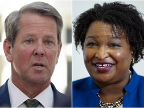 This combination of file photos shows Georgia Gov. Brian Kemp, left, on July 29, 2022, in McDonough, Ga., and gubernatorial Democratic candidate Stacey Abrams on Aug. 8, 2022, in Decatur, Ga. The Georgia governor's race is a rematch of 2018, when Kemp narrowly defeated Abrams.