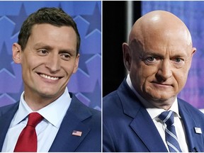This combination of photos shows Arizona Republican Senate candidate Blake Masters, left, and Sen. Mark Kelly, D-Ariz., before a televised debate in Phoenix, Oct. 6, 2022.