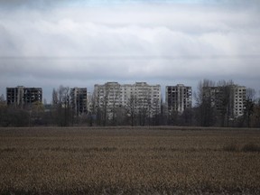 A view of destroyed by fightings apartment buildings in Borodyanka, Kyiv region, Ukraine, Sunday, Nov. 13, 2022.