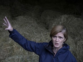 USAID chief Samantha Power gestures as she speaks to journalists at an animal fodder processing plant in the eastern city of Zahleh, Lebanon, Wednesday, Nov. 9, 2022. Power announced that the United States will give $80.5 million in aid for food assistance and solar-powered water pumping stations in the crisis-battered country of Lebanon.