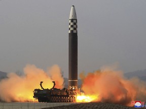 FILE - This photo distributed by the North Korean government shows what it says a test-fire of a Hwasong-17 intercontinental ballistic missile (ICBM), at an undisclosed location in North Korea on March 24, 2022. Independent journalists were not given access to cover the event depicted in this image distributed by the North Korean government. The content of this image is as provided and cannot be independently verified. Korean language watermark on image as provided by source reads: "KCNA" which is the abbreviation for Korean Central News Agency. (Korean Central News Agency/Korea News Service via AP, File)
