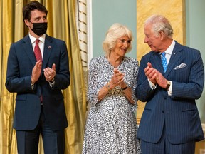 OTTAWA, CANADA - MAY 18: (L-R) Prime Minister of Canada Justin Trudeau, Camilla, Duchess of Cornwall, Prince Charles, Prince of Wales and His Excellency Whit Grant Fraser attend an evening reception hosted by Governor General Mary Simon at Rideau Hall on May 18, 2022 in Ottawa, Canada.