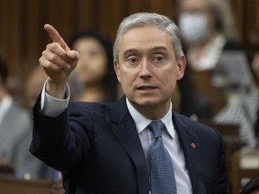 Innovation, Science and Industry Minister Francois-Philippe Champagne responds to a question during Question Period, Wednesday, November 16, 2022 in Ottawa. The Liberal government says it will make the most significant updates to the federal investment screening law in more than a decade to address evolving national security concerns.