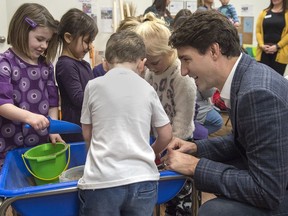 Prime Minister Justin Trudeau visits Origins Natural Learning Childcare Center in Quispamsis, N.B. on Thursday, Jan. 24, 2019. Families across Nunavut are now paying an average of $10 a day for child care under a Canada-wide plan.THE CANADIAN PRESS/Andrew Vaughan
