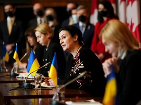 Ukrainian member of Parliament Ivanna Klympush-Tsintsadze, second from right, speaks during a press conference as she joins fellow Ukrainian members of Parliament visiting Ottawa on Friday, April 1, 2022.