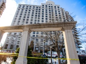 York Regional Police at the scene of a shooting from the previous night that left six dead, including the shooter at a condo building on Jane St, just north of Rutherford Rd. in Vaughan, On. on Monday December 19, 2022.