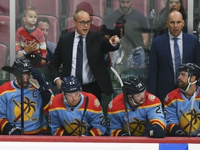 Florida Panthers' coach Paul Maurice shouts instructions to his players during the first period of an NHL hockey game against the Boston Bruins, Wednesday, Nov. 23, 2022, in Sunrise, Fla.