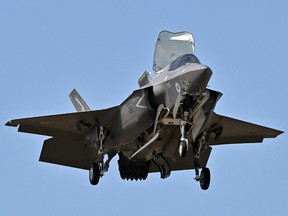 A Lockheed Martin F-35 fighter jet takes part in an airshow in Farnborough, England in July 2022.