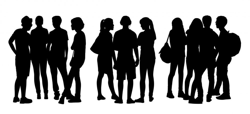 black silhouettes of three groups of different teen people standing and talking to each other