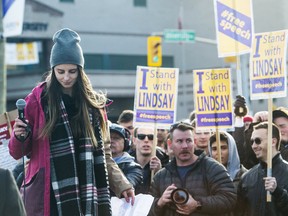 Lindsay Shepherd finishes speaking at a rally in support of academic freedom near Wilfrid Laurier University in Waterloo, Ontario, November 24, 2017.