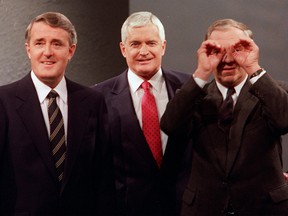 Conservative Leader Brian Mulroney, left, and Liberal Leader John Turner, centre, before the French-language leaders debate during the 1988 election. NDP Leader Ed Broadbent is here too (looking at you with hand binoculars), but he doesn't play a part in our particular story.