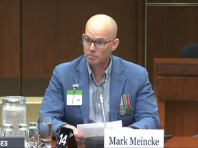 Canadian Armed Forces veteran and podcaster Mark Meincke testifies before the standing committee on veterans affairs, on Oct. 24.