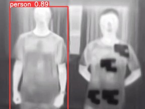 The coat's embedded thermal device emits varying heat temperatures — creating an unusual heat pattern — to fool security cameras that use infrared thermal imaging.