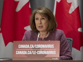 Chief science advisor Mona Nemer speaks during a news conference, Thursday, April 23, 2020 in Ottawa.&ampnbsp;Nemer released the recommendations of a taskforce established in the summer to respond to post-COVID condition, or long-COVID, today ahead of the release of her full report.