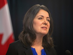 Alberta Premier Danielle Smith speaks at a press conference after the speech from the throne in Edmonton, on Tuesday, Nov. 29, 2022.