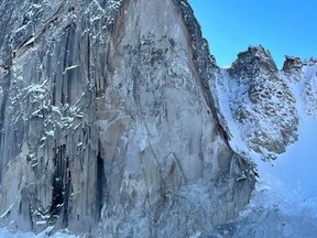 The aftermath of a rockfall on the northeast side of Snowpatch Spire in Bugaboo Provincial Park, B.C., is seen in an undated handout photo. Mountain guide James Madden was flying over Snowpatch Spire in Bugaboo Provincial Park last week surveying weather conditions when he saw dust clouds.