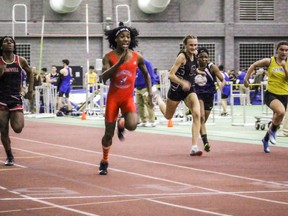 FILE - Bloomfield High School transgender athlete Terry Miller, second from left, wins the final of the 55-meter dash over transgender athlete Andraya Yearwood, far left, and other runners in the Connecticut girls Class S indoor track meet at Hillhouse High School, on Feb. 7, 2019, in New Haven, Conn. A federal appeals court on Friday, Dec. 16, 2022, dismissed a challenge to Connecticut's policy of allowing transgender girls to compete girls' high school sports, rejecting arguments by four cisgender runners who said they were unfairly forced to race against transgender athletes.