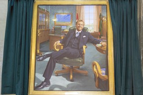 The Saskatchewan government has just unveiled its official portrait of former premier Brad Wall.  Despite what the picture's aesthetics might suggest, Wall's tenure was not sustained throughout the 1970s.