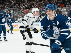 Toronto Maple Leafs' Mitchell Marner celebrates scoring against the Los Angeles Kings during second period NHL hockey action in Toronto, on Thursday, December 8, 2022.THE CANADIAN PRESS/Chris Young