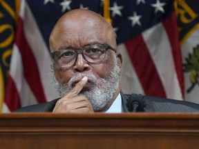 FILE - Chairman Bennie Thompson, D-Miss., listens as the House select committee investigating the Jan. 6 attack on the U.S. Capitol holds a hearing at the Capitol in Washington, June 28, 2022. The House committee investigating the Jan. 6 attack will make criminal referrals to the Justice Department. That's according to the panel's chairman Bennie Thompson of Mississippi.