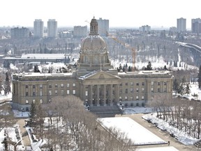 The view of the Alberta Legislature in Edmonton on Friday, March 28, 2014. Alberta's Opposition NDP tried and failed Thursday to censure the deputy speaker for evicting one of their members from the house in a day that saw both sides accuse each other of belittling and marginalizing women in politics.