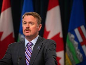 Minister of Justice and Solicitor General of Alberta Tyler Shandro speaks at a press conference, in Edmonton, on Tuesday, November 29, 2022.