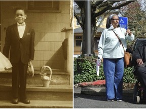 In these photos provided by the Fouther Family Archives and Ariel Kane are Elizabeth Fouther-Branch and Bobby Fouther as children standing in front of their home and in 2021 standing in the front of the parking lot where their house used to stand in Portland, Ore. The siblings are now among 26 Black people who either lived in the neighborhood or who are descendants of former residents who are suing Portland, the city's economic and urban development agency and Legacy Emanuel Hospital for the "racist" destruction of the homes and forced displacement.