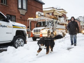 A man walks his dog past Hydro Ottawa utility vehicles responding to power outages in parts of Ottawa's Golden Triangle neighbourhood, as a winter storm warning is in effect, on Friday, Dec. 23, 2022.&ampnbsp;Ontario's largest electricity supplier says it may take weeks to fully restore power in some areas of the province after a massive snowstorm this past week.