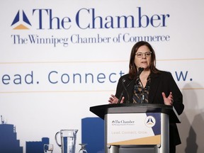 Manitoba Premier Heather Stefanson delivers her annual state of the province speech to the Winnipeg Chamber of Commerce at the convention centre in Winnipeg on Dec. 8, 2022.