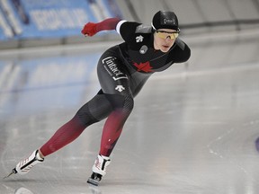 Valerie Maltais of Saguenay Que. races to a gold medal in the 3000m event at the Four Continents speedskating championships, Friday, December 2, 2022 in Quebec City.