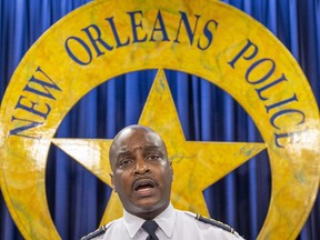 FILE - New Orleans Police Supt. Shaun Ferguson addresses the recent uptick in crime during a news conference on Jan. 19, 2022, in New Orleans. Ferguson announced his retirement Tuesday, Dec. 6, 2022, after four years punctuated by a disastrous building collapse at the edge of the French Quarter, two hurricanes, a pandemic, dwindling police manpower and a violent crime surge that put residents on edge and turned up political pressure on city leaders.