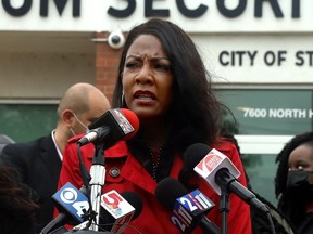 FILE - St. Louis Mayor Tishaura Jones addresses the press after touring the both St. Louis jails on April 24, 2021, outside the Medium Security Institution, known as the City Workhouse. Jones is appointing a reparations commission that will "recommend a proposal to begin repairing the harms that have been inflicted" by slavery, segregation and other harms.