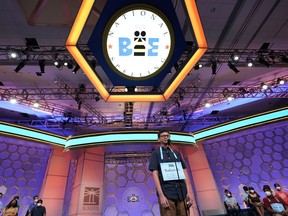 FILE - Saharsh Vuppala, 13, from Bellevue, Wash., competes during the finals of the Scripps National Spelling Bee, Thursday, June 2, 2022, in Oxon Hill, Md. The Scripps National Spelling Bee has its third executive director in the past two years. Scripps announced Wednesday, Dec. 14, that longtime bee staffer Corrie Loeffler will lead the competition.
